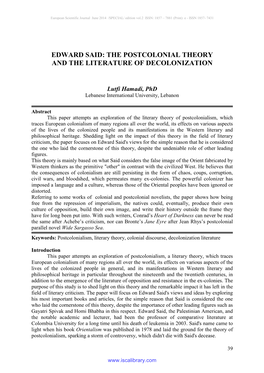 Edward Said: the Postcolonial Theory and the Literature of Decolonization