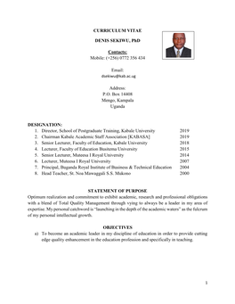 CURRICULUM VITAE DENIS SEKIWU, Phd