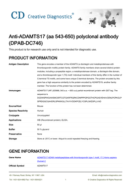 Anti-ADAMTS17 (Aa 543-650) Polyclonal Antibody (DPAB-DC746) This Product Is for Research Use Only and Is Not Intended for Diagnostic Use