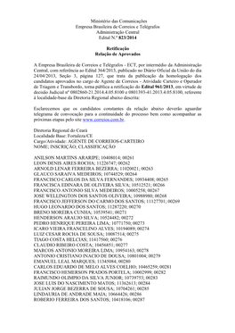 Ministério Das Comunicações Empresa Brasileira De Correios E Telégrafos Administração Central Edital N.º 823/2014