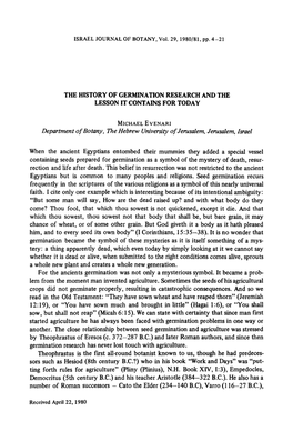 The History of Germination Research and the Lesson It Contains for Today