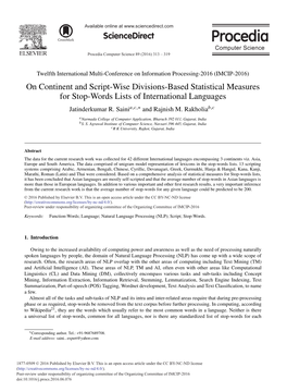 On Continent and Script-Wise Divisions-Based Statistical Measures for Stop-Words Lists of International Languages Jatinderkumar R