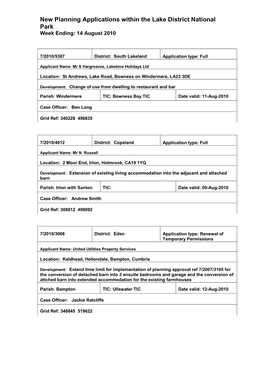 New Planning Applications Within the Lake District National Park Week Ending: 14 August 2010