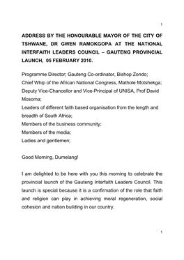 Address by the Honourable Mayor of the City of Tshwane, Dr Gwen Ramokgopa at the National Interfaith Leaders Council – Gauteng Provincial Launch, 05 February 2010