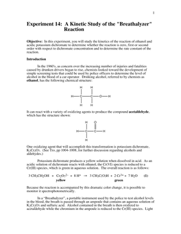 Experiment 14: a Kinetic Study of the "Breathalyzer" Reaction