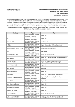 Air Charter Routes Department for Environment Food and Rural Affairs Animal and Plant Health Agency Pet Travel Scheme Last Updated: 26/08/2015