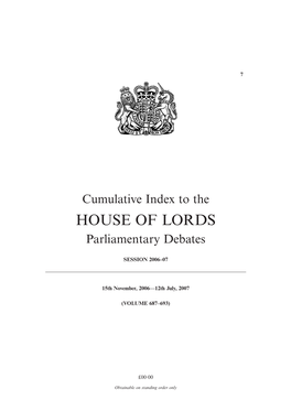 Cumulative Index to the HOUSE of LORDS Parliamentary Debates