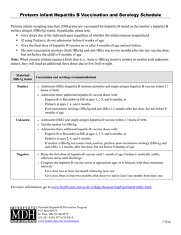 Preterm Infant Hepatitis B Vaccination and Serology Schedule