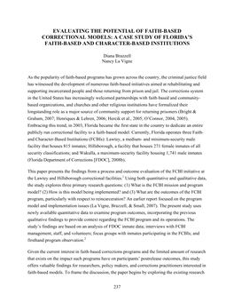 Evaluating the Potential of Faith-Based Correctional Models: a Case Study of Florida’S Faith-Based and Character-Based Institutions