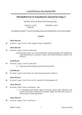 Marshalled List of Amendments Selected for Stage 3