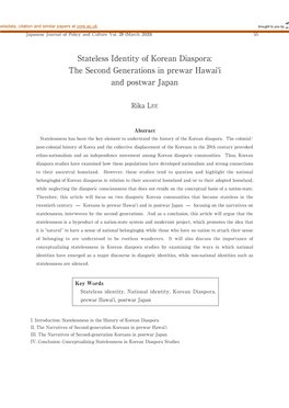 Stateless Identity of Korean Diaspora: the Second Generations in Prewar Hawai‘I and Postwar Japan