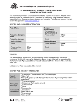 Filming Temporary Business Licence Application Mountain National Parks