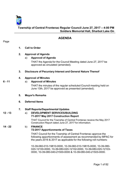 Township of Central Frontenac Regular Council June 27, 2017 – 4:00 PM Soldiers Memorial Hall, Sharbot Lake On