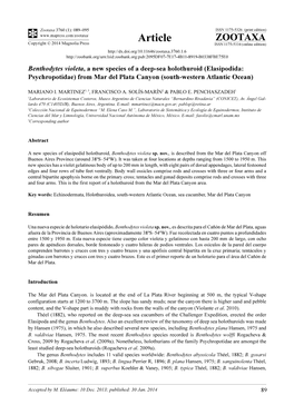 Benthodytes Violeta, a New Species of a Deep-Sea Holothuroid (Elasipodida: Psychropotidae) from Mar Del Plata Canyon (South-Western Atlantic Ocean)