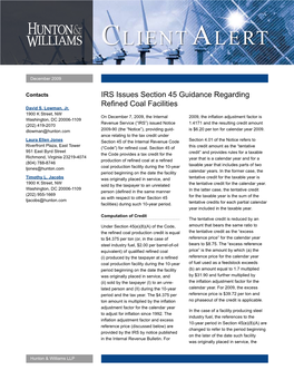 IRS Issues Section 45 Guidance Regarding Refined Coal Facilities David S