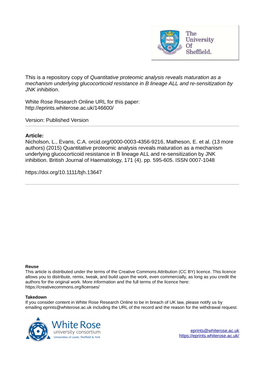 Quantitative Proteomic Analysis Reveals Maturation As a Mechanism Underlying Glucocorticoid Resistance in B Lineage ALL and Re-Sensitization by JNK Inhibition