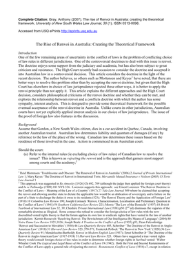 The Rise of Renvoi in Australia: Creating the Theoretical Framework