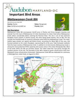 Mattawoman Creek IBA Date of Site Account: May 2016