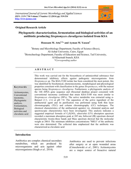 Phylogenetic Characterization, Fermentation and Biological Activities of an Antibiotic Producing Streptomyces Clavuligerus Isolated from KSA