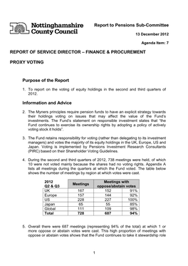 Report to Pensions Sub-Committee REPORT of SERVICE DIRECTOR – FINANCE & PROCUREMENT PROXY VOTING Purpose of the Report