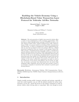 Enabling the Vehicle Economy Using a Blockchain-Based Value Transaction Layer Protocol for Vehicular Ad-Hoc Networks - Research Paper - Version 1.0.1 August 7, 2018