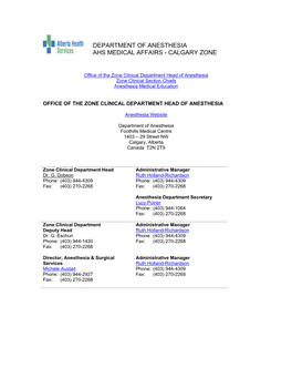 Department of Anesthesia Ahs Medical Affairs - Calgary Zone