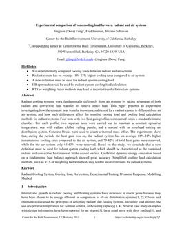 Experimental Comparison of Zone Cooling Load Between Radiant and Air Systems Jingjuan (Dove) Feng,*, Fred Bauman, Stefano Schiavon