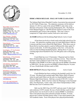 November 13, 2104 IHSBCA PRESS RELEASE