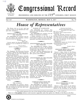 Congressional Record United States Th of America PROCEEDINGS and DEBATES of the 115 CONGRESS, FIRST SESSION