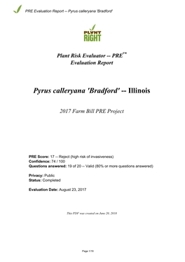 PRE Evaluation Report for Pyrus Calleryana 'Bradford'