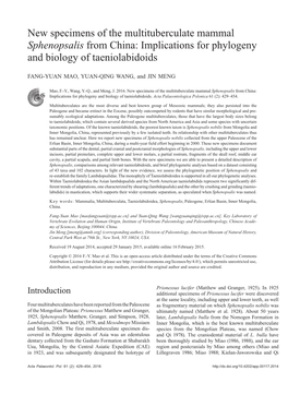 New Specimens of the Multituberculate Mammal Sphenopsalis from China: Implications for Phylogeny and Biology of Taeniolabidoids