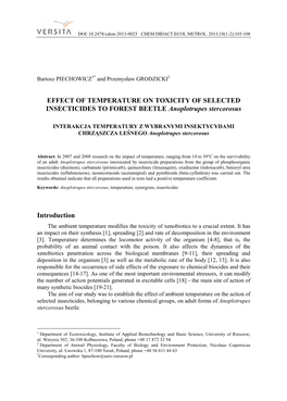 EFFECT of TEMPERATURE on TOXICITY of SELECTED INSECTICIDES to FOREST BEETLE Anoplotrupes Stercorosus Introduction