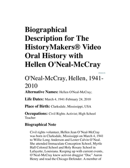 Biographical Description for the Historymakers® Video Oral History with Hellen O'neal-Mccray