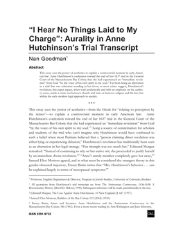 “I Hear No Things Laid to My Charge”: Aurality in Anne Hutchinson's Trial