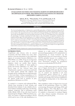 Ajibola Et Al.: Evaluation of Food and Feeding Habits of Hoplobatrachus Occipitalis Detailed Studies Concerning the Amount and D Respectively