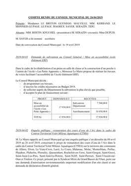 Compte Rendu Du Conseil Municipal Du 26/04/2019