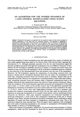 AN ALGORITHM for the INVERSE DYNAMICS of N-AXIS GENERAL MANIPULATORS USING KANE's EQUATIONS