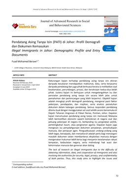 Pendatang Asing Tanpa Izin (PATI) Di Johor: Profil Demografi Dan Dokumen Kemasukan Open Illegal Immigrants in Johor: Demographic Profile and Entry Access Documents