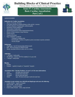 Building Blocks of Clinical Practice Helping Athletic Trainers Build a Strong Foundation Issue #7: Cardiac Assessment: Basic Cardiac Auscultation Part 2 of 2