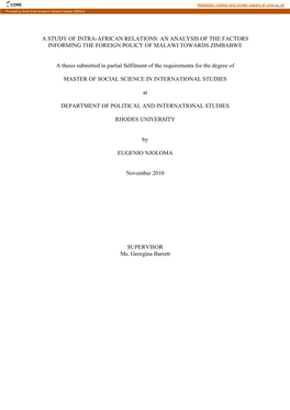 A Study of Intra-African Relations: an Analysis of the Factors Informing the Foreign Policy of Malawi Towards Zimbabwe