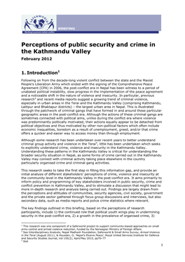 Perceptions of Public Security and Crime in the Kathmandu Valley February 2012