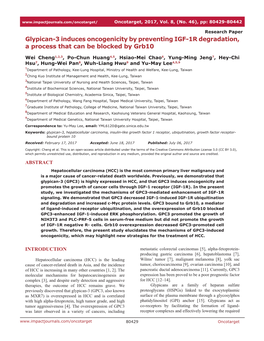 Glypican-3 Induces Oncogenicity by Preventing IGF-1R Degradation, a Process That Can Be Blocked by Grb10