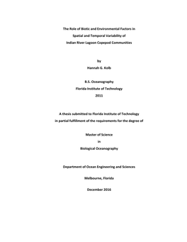 The Role of Biotic and Environmental Factors in Spatial and Temporal Variability of Indian River Lagoon Copepod Communities