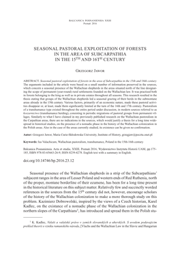 SEASONAL PASTORAL EXPLOITATION of FORESTS in the AREA of SUBCARPATHIA in the 15TH and 16TH CENTURY
