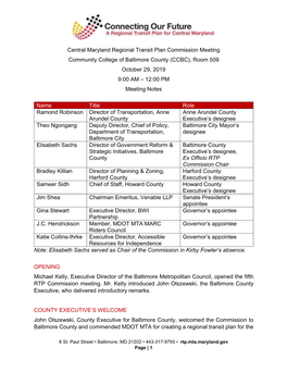 Central Maryland Regional Transit Plan Commission Meeting Community College of Baltimore County (CCBC), Room 509 October 29, 2019 9:00 AM – 12:00 PM Meeting Notes