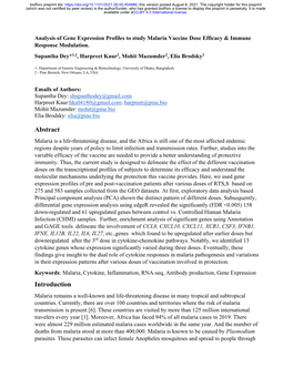 Analysis of Gene Expression Profiles to Study Malaria Vaccine Dose Efficacy & Immune Response Modulation