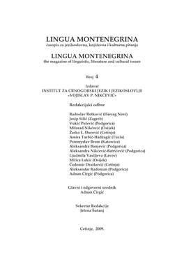 LINGUA MONTENEGRINA Časopis Za Jezikoslovna, Književna I Kulturna Pitanja