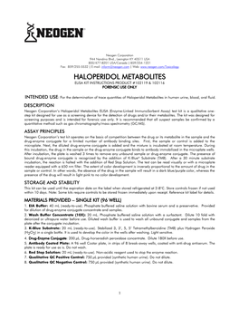 Haloperidol Metabolites Elisa Kit Instructions Product #102119 & 102116 Forensic Use Only