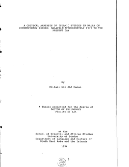 A Critical Analysis of Islamic Studies in Malay on Contemporary Issues; Malaysia*.Approximately 1975 to the Present Day