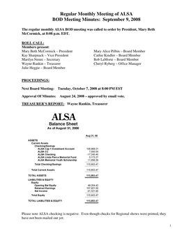 Regular Monthly Meeting of ALSA BOD Meeting Minutes: September 9, 2008